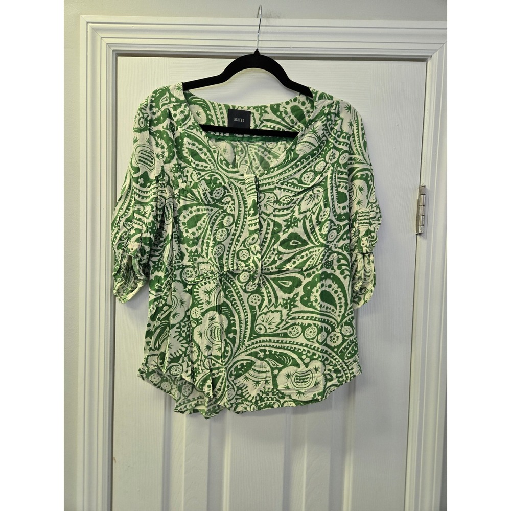 Maeve Anthropologie Green‎ White Paisley V-Neck Ruched 3/4 Sleeve Blouse Small